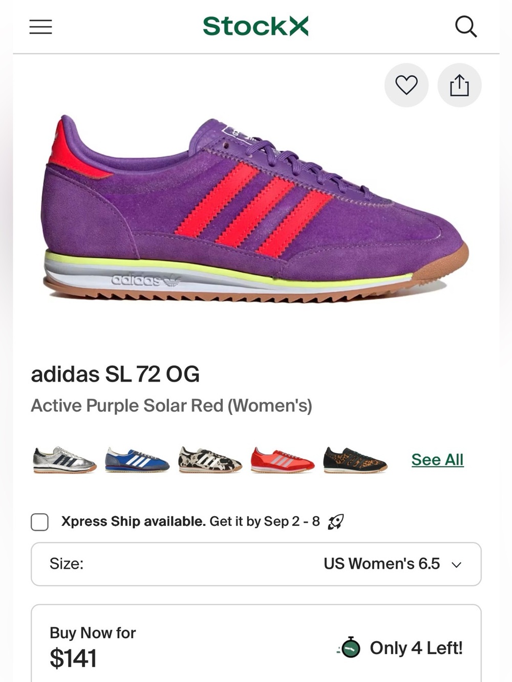 Size 6 adidas Womens SL 72 OG Purple with Red Accents